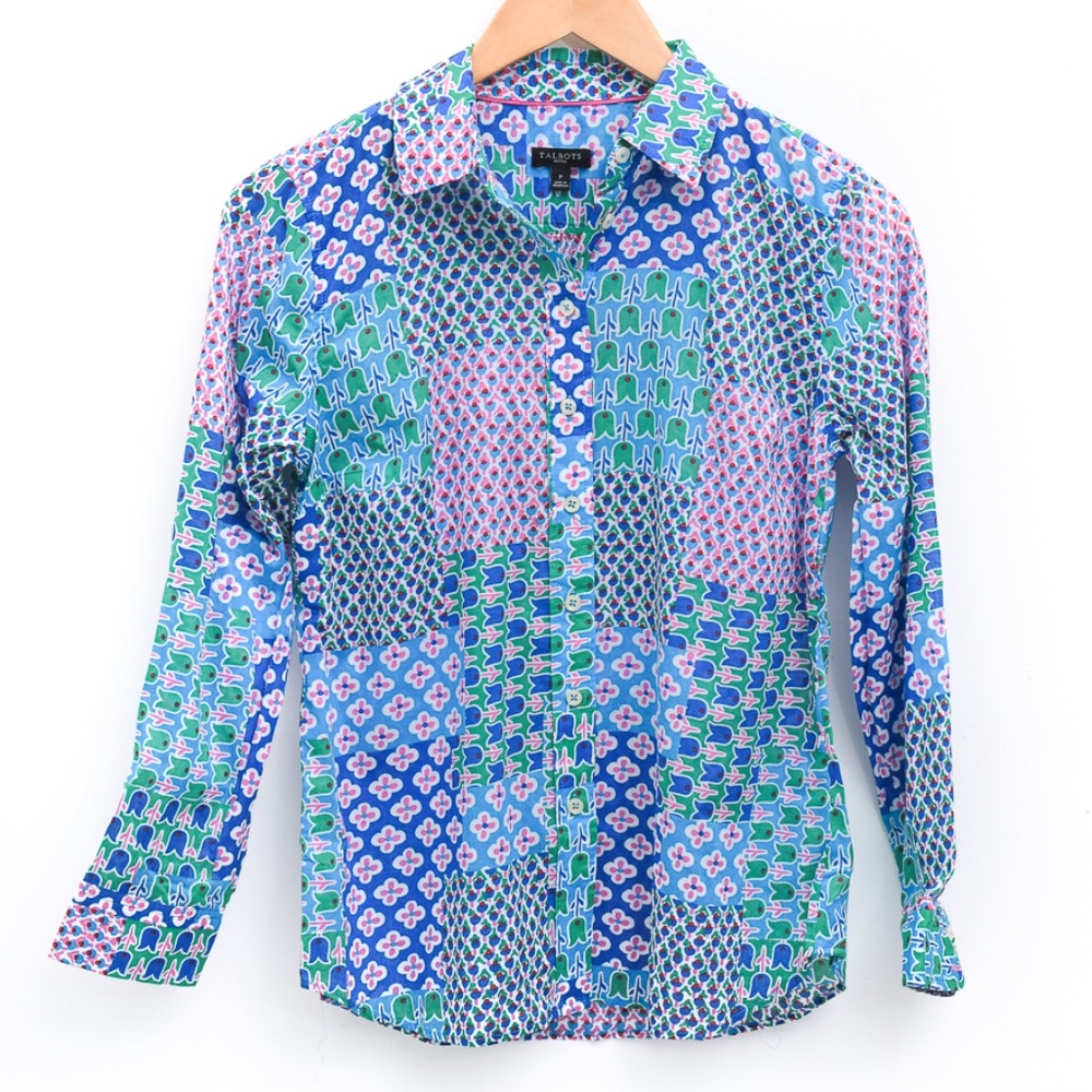 Talbots Women's Button Down Blouse Madras Print Light Weight Small